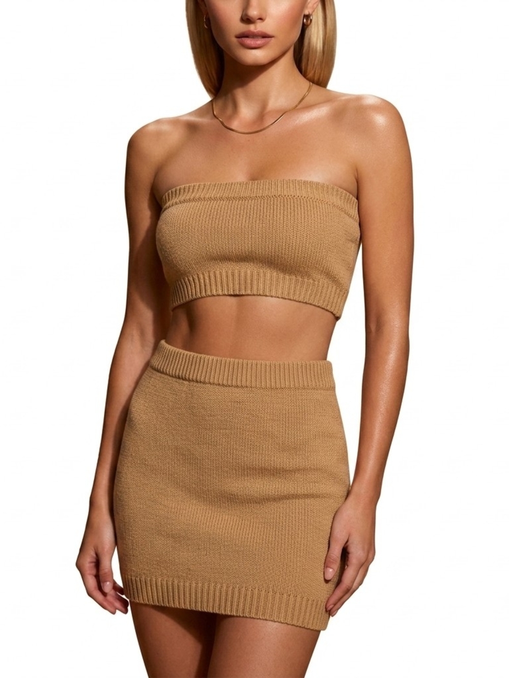 Knit Tube Top & Mini Skirt Set - Camel